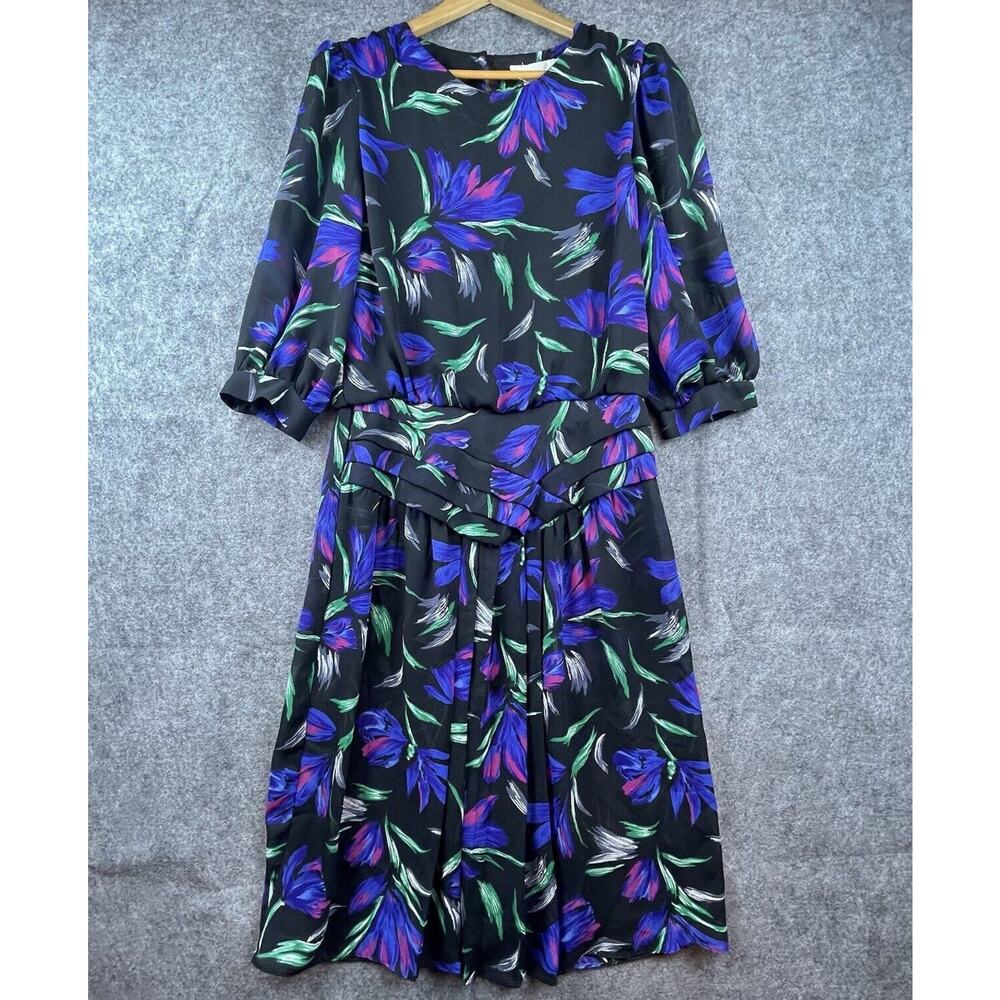 Vintage Caroline Wells Dress 14 Dark Sheer Jewel Tones 80s Secretary Career